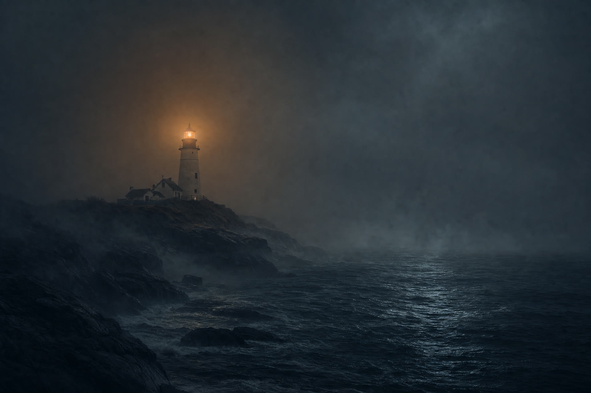A Maine lighthouse on black rocks at night, its lantern glowing warm amber into heavy sea fog over a dark Atlantic.